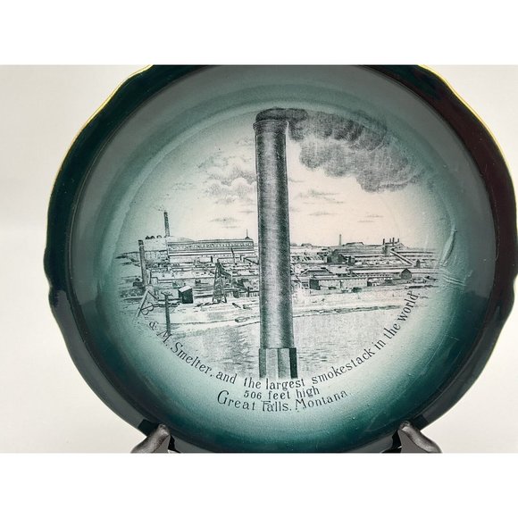 Buffalo Pottery Antique 7.5" B & M Smelter Smokestack Plate 1915 Great Falls Mt. - Picture 8 of 13